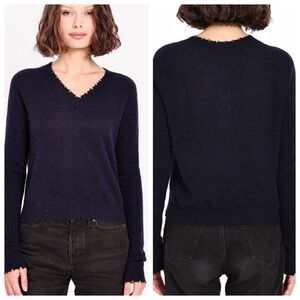 Minnie Rose CASHMERE  7GG Deep Blue frayed edge CREW Neck Sweater